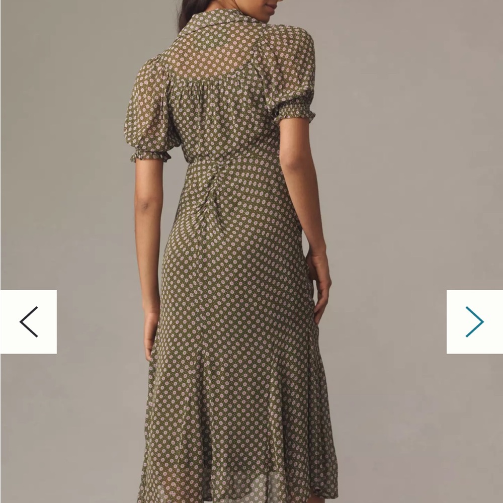 By Anthropologie Puff-Sleeve Ruched Mesh Midi Shirt Dress - Picture 2 of 4